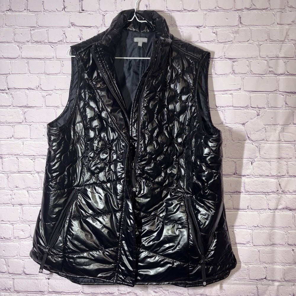 T By Talbots Vest Womens XL Black Quilted Shiny Puffer Zip Pockets Shiny Glossy